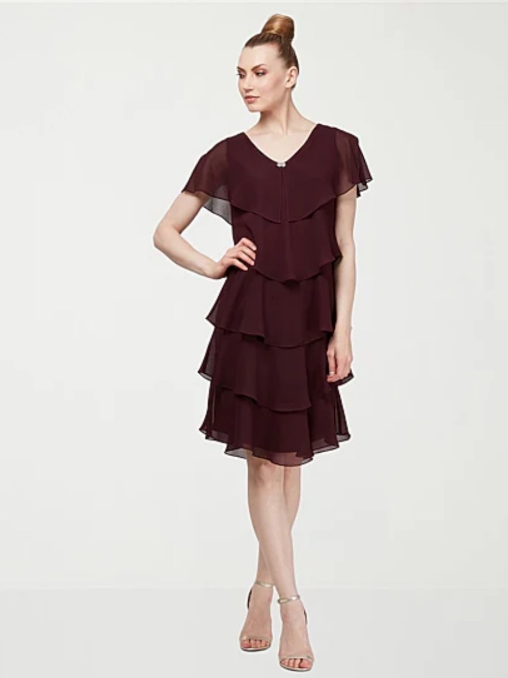 SLNY Plum Tiered V-Neck Midi Dress with Jewel Accent